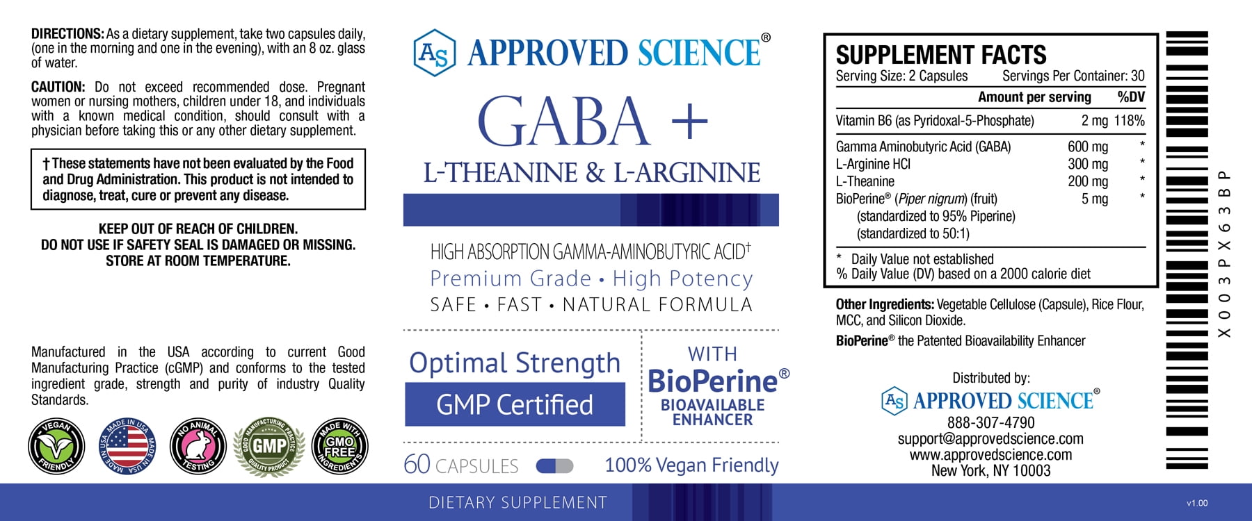 Approved Science GABA+ - Promote Calm, Improve Sleep, Boost Mood - GABA, L-Theanine, L-Arginine, Vitamin B6, BioPerine - High Absorption - 60 Capsules - Vegan