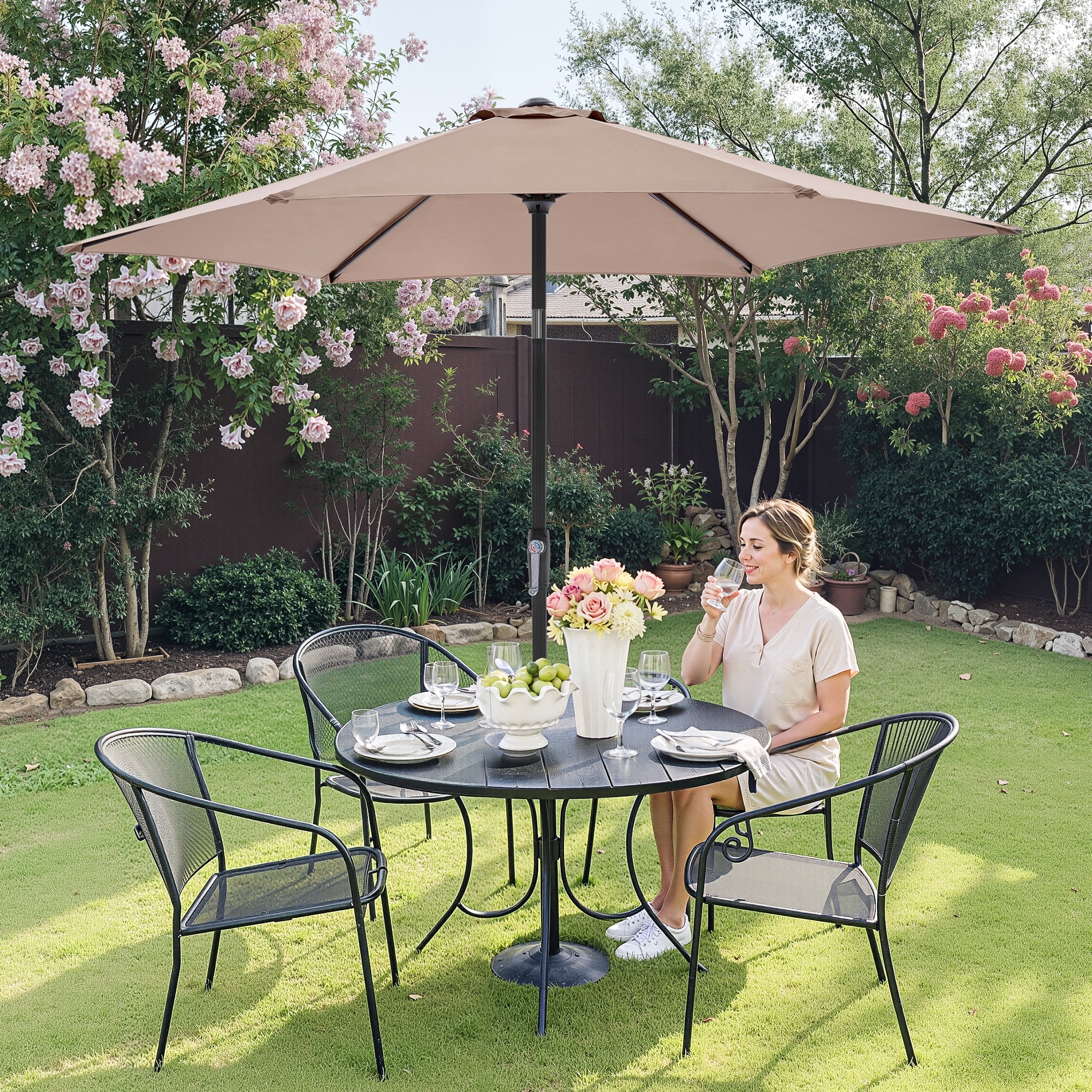 MCQ 7.5ft Outdoor Patio Umbrella with Push Button Tilt & Crank, 6-Rib Design, UV15+ Waterproof Fabric, Brown
