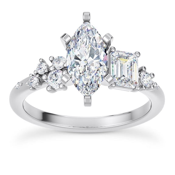 Spot Jewelry Solitaire Diamond Ring - 2.2 Ct Marquise Cut Moissanite - 14K White Gold Plated Wedding Jewelry for Women - Engagement Ring with Accent Stones