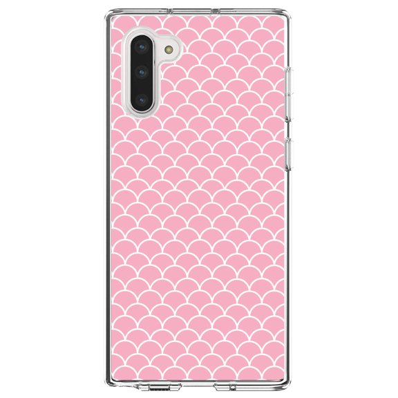 DistinctInk Clear Shockproof Hybrid Case for Samsung Galaxy Note 10 (6.3" Screen) - TPU Bumper, Acrylic Back, Tempered Glass Screen Protector - Light Pink Scalloped Pattern