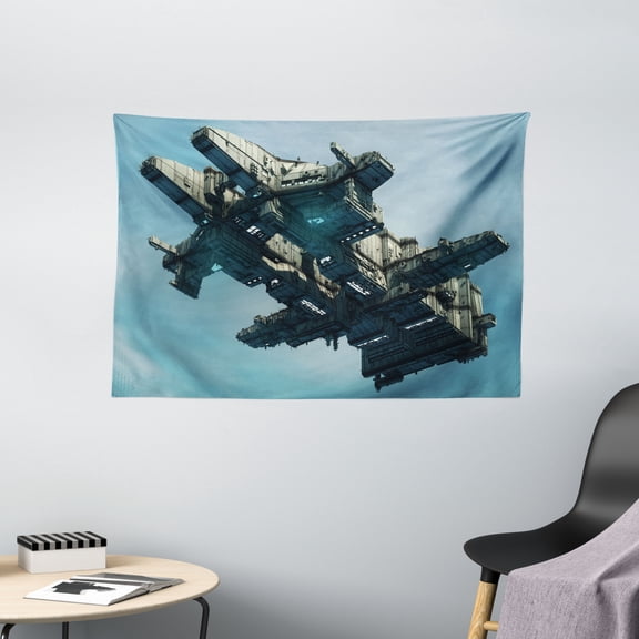 Fantasy Tapestry, Science Fiction Alien Ship Illustration Extraterrestrial Beings Realistic UFO, Wall Hanging for Bedroom Living Room Dorm Decor, 60W X 40L Inches, Pale Blue Grey, by Ambesonne