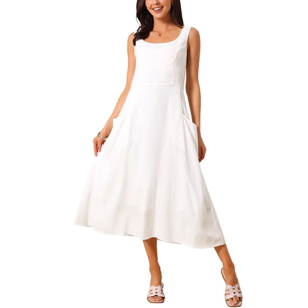 INSPIRAR CHIC Vestido de Verano sin Mangas para Mujeres, Escote Redondo, Corte Suelto, Estilo Midi Casual, Beige-1 XL