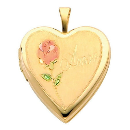 Precious Stars 14k Solid Yellow Gold Engraved 'Amor' with Rose Fully Open Close Function Heart Locket Pendant
