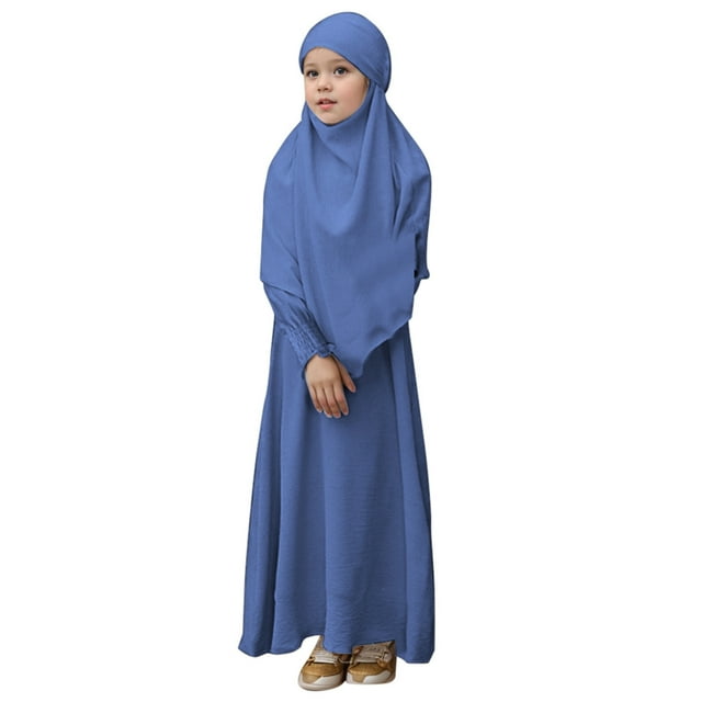 Wdgfv Robe de Prière Fille Musulmane Ramadan Vêtement Abaya Dubaï Islam Jilbeb Longue Robe Bleu Clair 3-4 Ans
