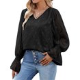 thumbnail image 3 of Txlixc Camisa de chiffon de encaje femenino casual suéter básico de manga larga con cuello V sólido y expansión, adecuado para la calle del Club Txlixc  moda, 3 of 6