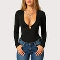 thumbnail image 2 of Women's Deep V-Neck Long Sleeve Top with Lace Hollow Out Detail, Sexy Fashion Fitted Blouse, Basic Tee,Black,Size XL, 2 of 4