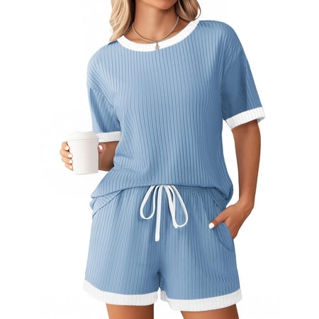Hurxie Women Ribbed Knit Pajama Sets 2 Piece Short Sleeve Top and Shorts Soft Pjs Sleepwear with Pockets Lounge Sets Sky Blue XL