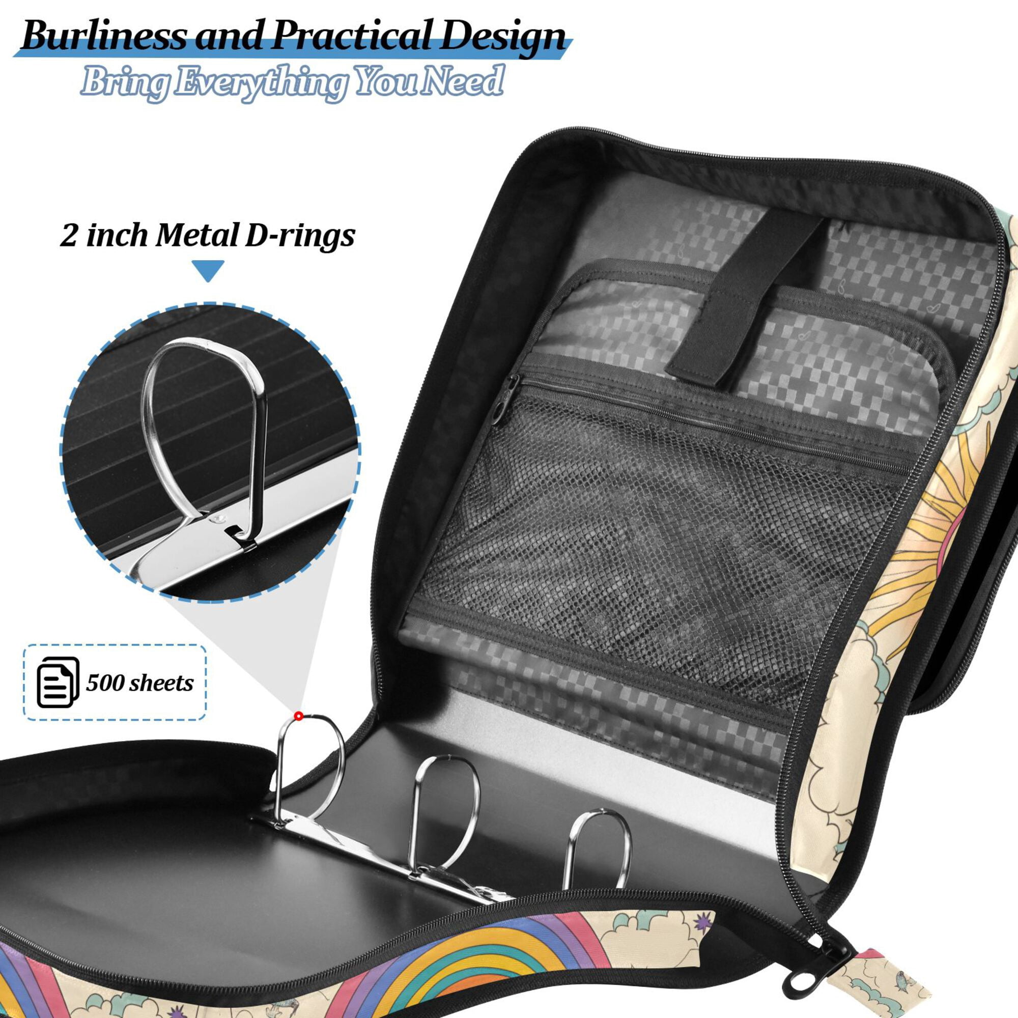 FORMRS Zipper Binder with Shoulder Strap 2-inch Ring 500 Sheet Capacity File Bag, Beige Rainbow