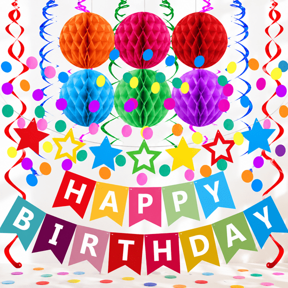 LAVUNE Happy Birthday Banner Set, Colorful Flag Bunting, Circle Confetti Garland, Swirl Streamers and Honeycomb Balls for Birthday Party Decorations