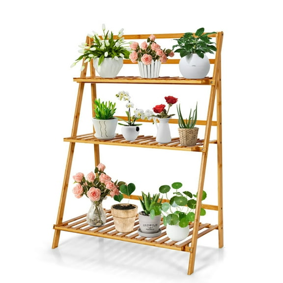 Topcobe 3-Tier Bamboo Foldable Plant Stand with Display Shelf Rack, Tall Plant Stand Indoor Outdoor, Stable and Space-Saving, Natural