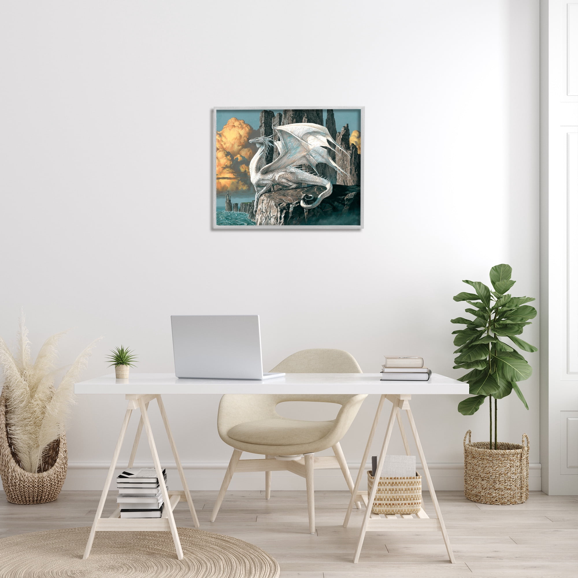 Stupell Industries Dragon Perched on Cliff Fairy Tales & Fantasy Painting Gray Framed Art Print Wall Art, 30 x 24