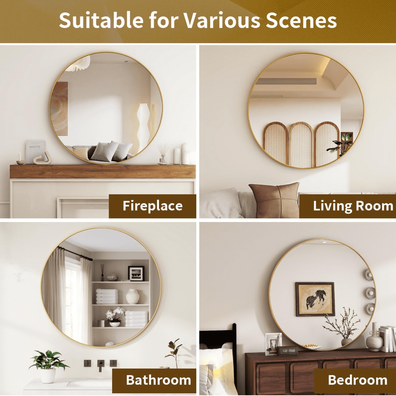 AUROMIR 30" Round Wall Mirror Bathroom Vanity Mirror Aluminum Alloy Frame,Glod