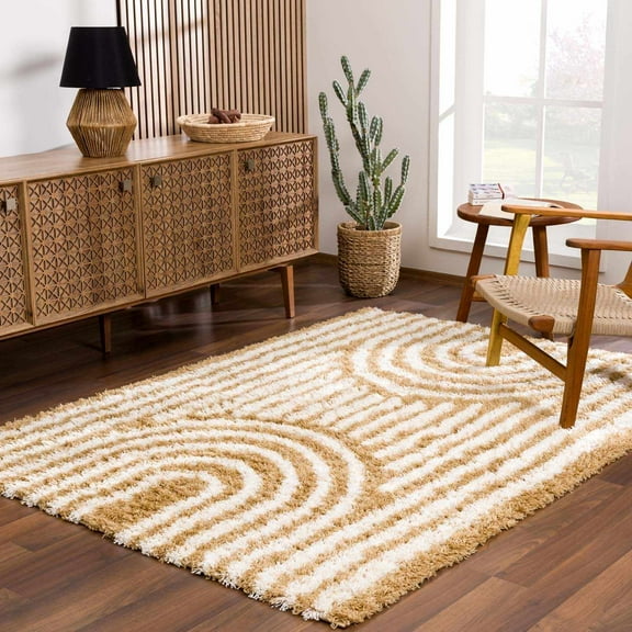 Hauteloom Noah Calup Living Room, Bedroom Soft Shag Neutral Area Rug - High Shaggy Plush Pile - High Low - Striped Boho Farmhouse - Orange, Beige, Brown, Gray - 5'3" x 7'3"