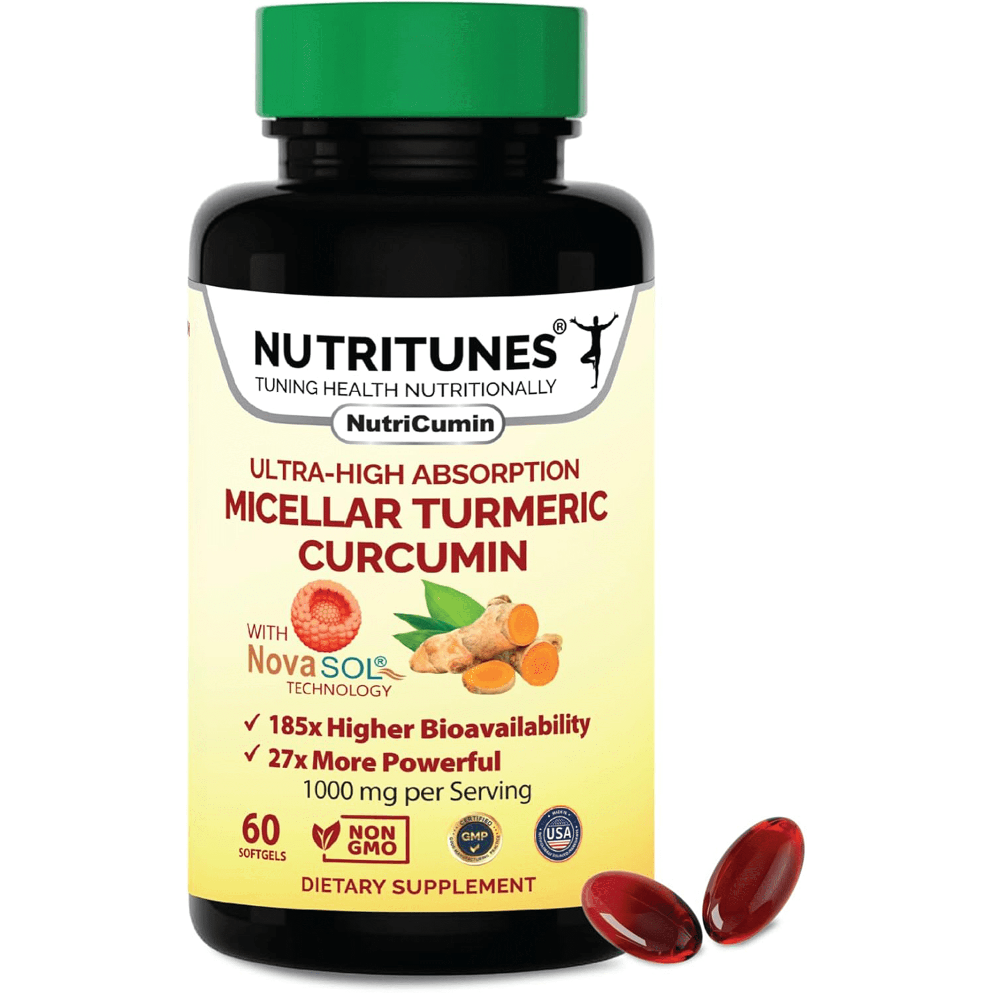 Turmeric Curcumin Supplement 1000mg for Joint Support-185x Bioavailable & High Absorption with NovaSOL Technology – 60 NutriCumin Softgels