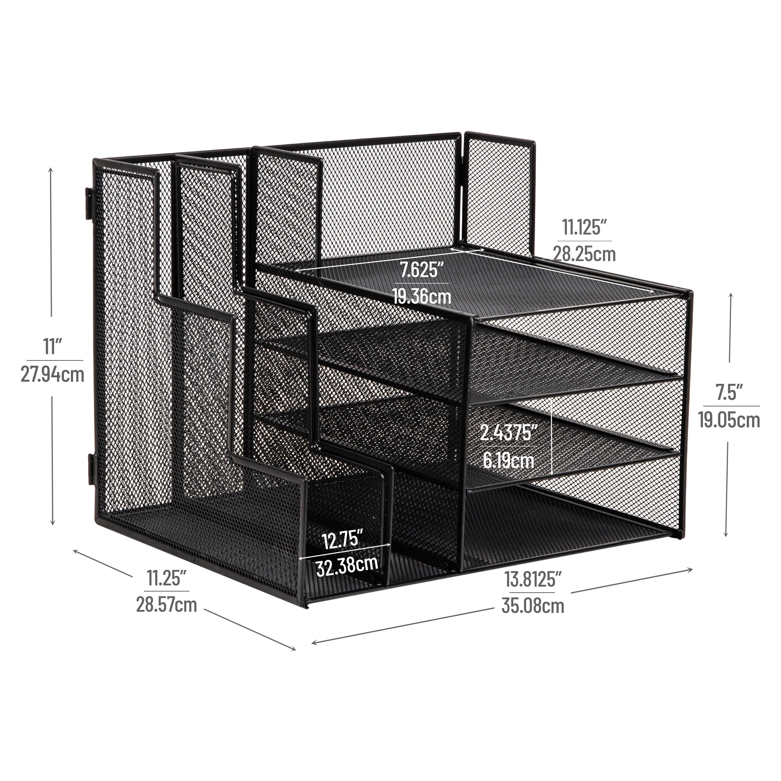 Mind Reader Metal Mesh Desk Organizer, 2 Vertical File Holders and 3 Tier Sliding Shelves, Foldable Desktop Storage, Office Organizer, Black