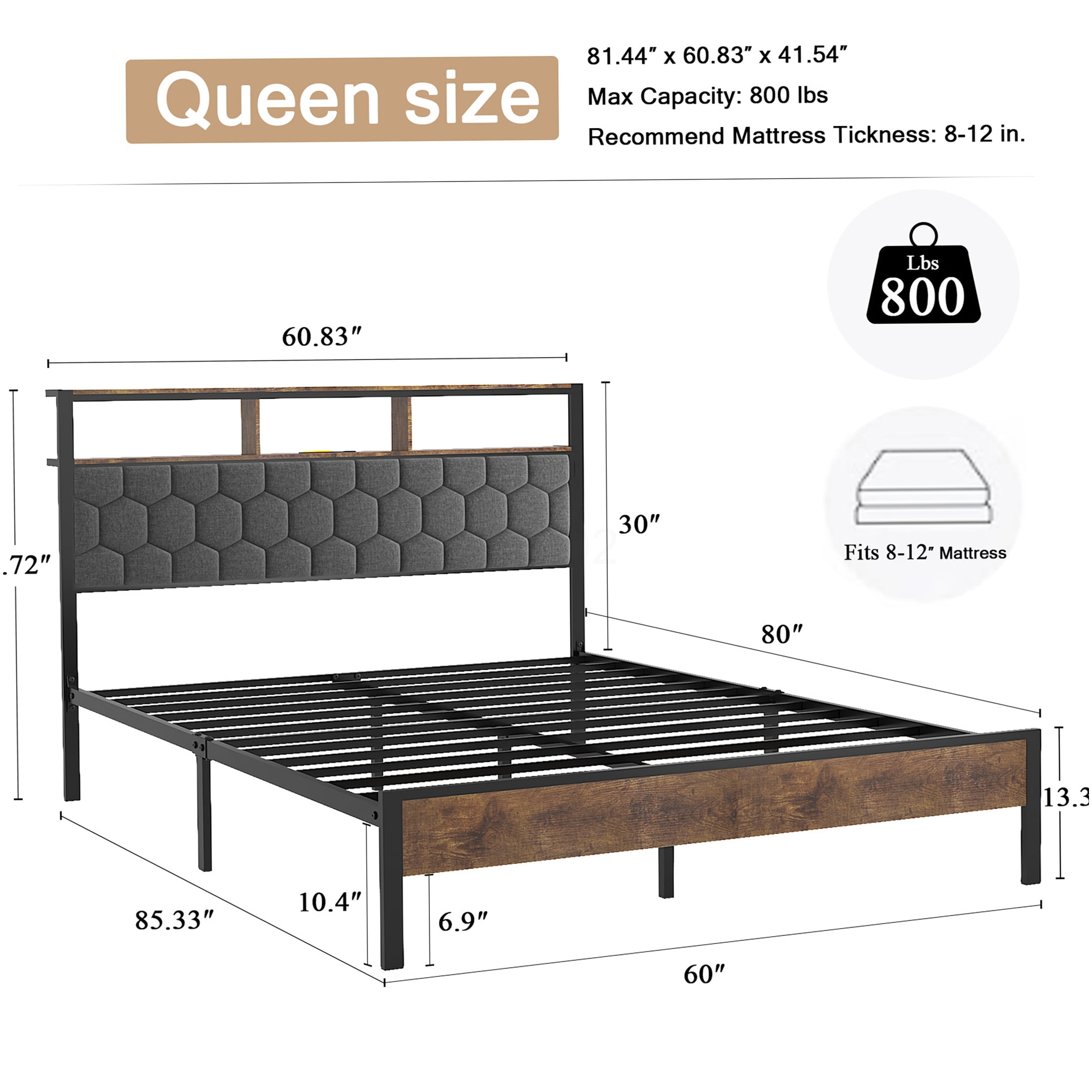 Queen Upholstered Storage Bed Frame with USB Charging, Vintage Brown Platform Bed, Noise Free, No Box Spring Needed