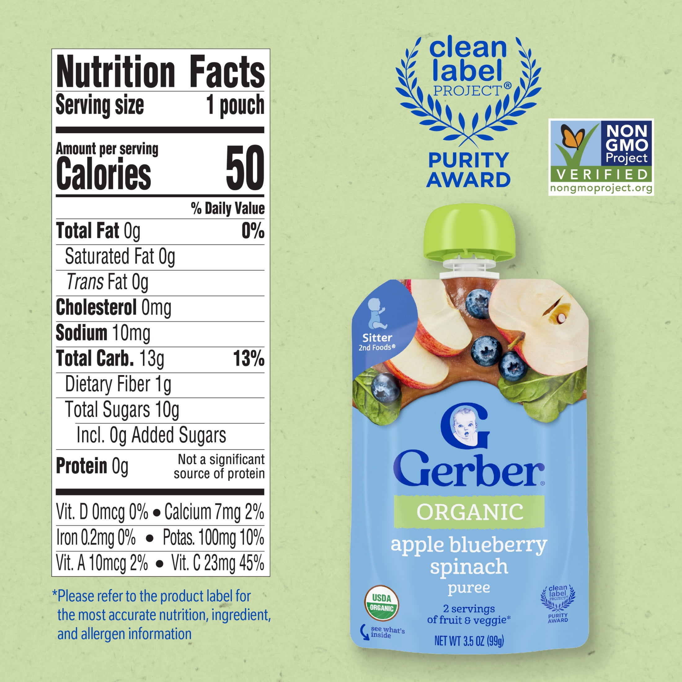 Gerber Stage 2 Baby Food, Organic Apple Blueberry Spinach Puree Pouch 3.5 oz