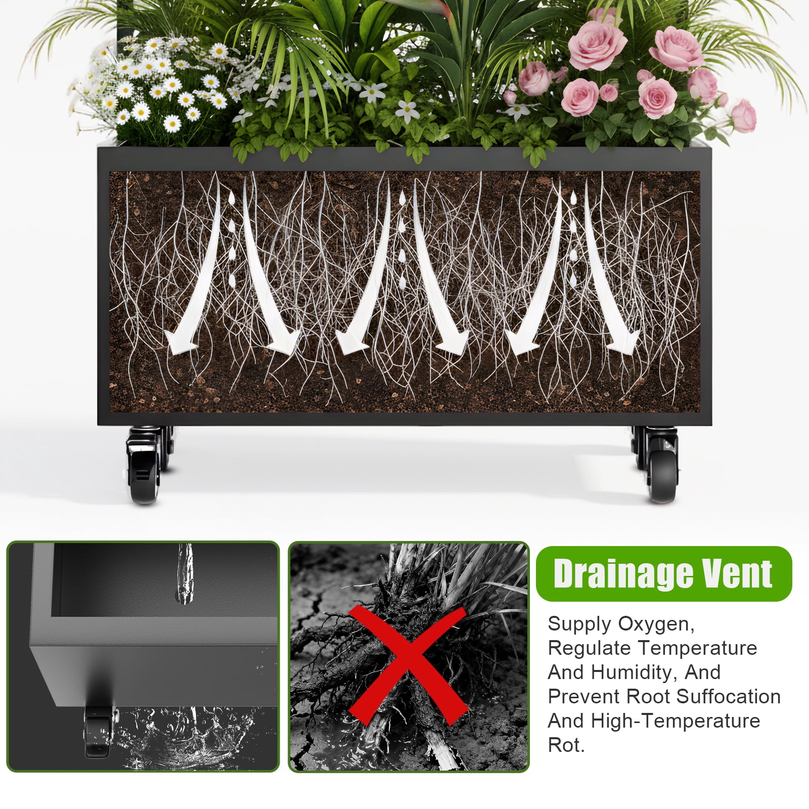 Raised Garden Bed with Trellis and Wheels, 72" High Metal Planter Box for Climbing Plants, Mobile Outdoor Vertical Garden with Drainage for Patio, Balcony & Backyard (300lb Capacity, Black)
