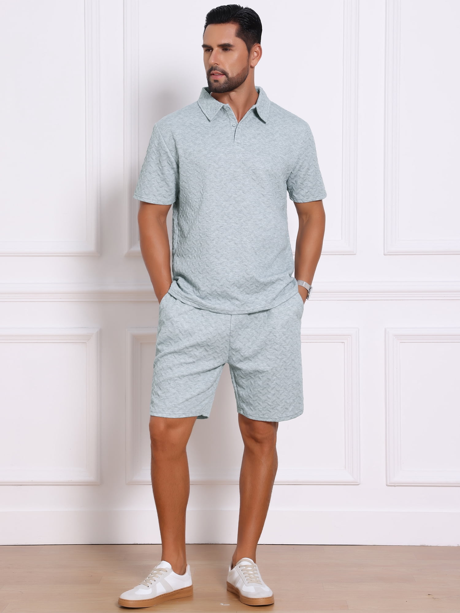 DARING DIVA Men's 2 Pieces Jacquard Polo Shirt & Drawstring Shorts Outfits XL Gray