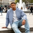 thumbnail image 7 of Dweltoz Mens Lightweight Bomber Jacket Full Zip Varsity Baseball Collar Outwear Casual Softshell Windbreaker Coat with Pockets ,Light Blue 5XL, 7 of 7