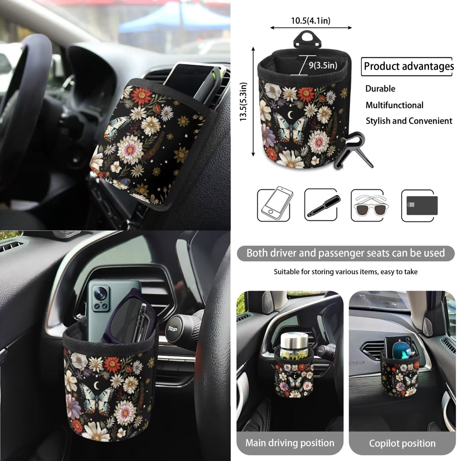 KUIFORTI Butterfly Car Seat Covers Butterfly Accessories for Women Steering Wheel Cover/Seatbelt Shoulder Pads/Keychain/Car Trash Bag/Car Vent Storage Organizer/Coasters/Rear View Mirrow Cover