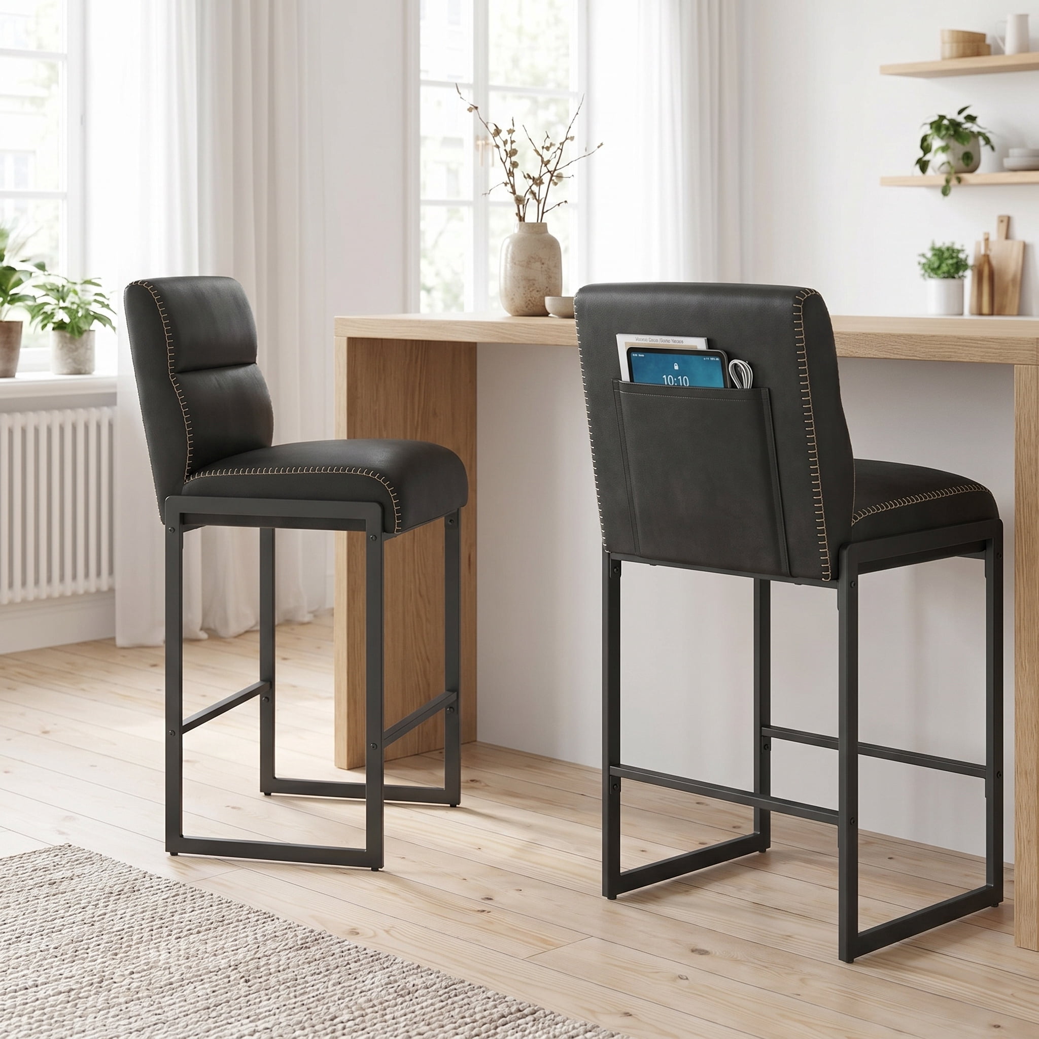 26.4 in. Ink Black Counter Height Bar Stools with Back and Synthetic Leather Stitching (Set of 2)