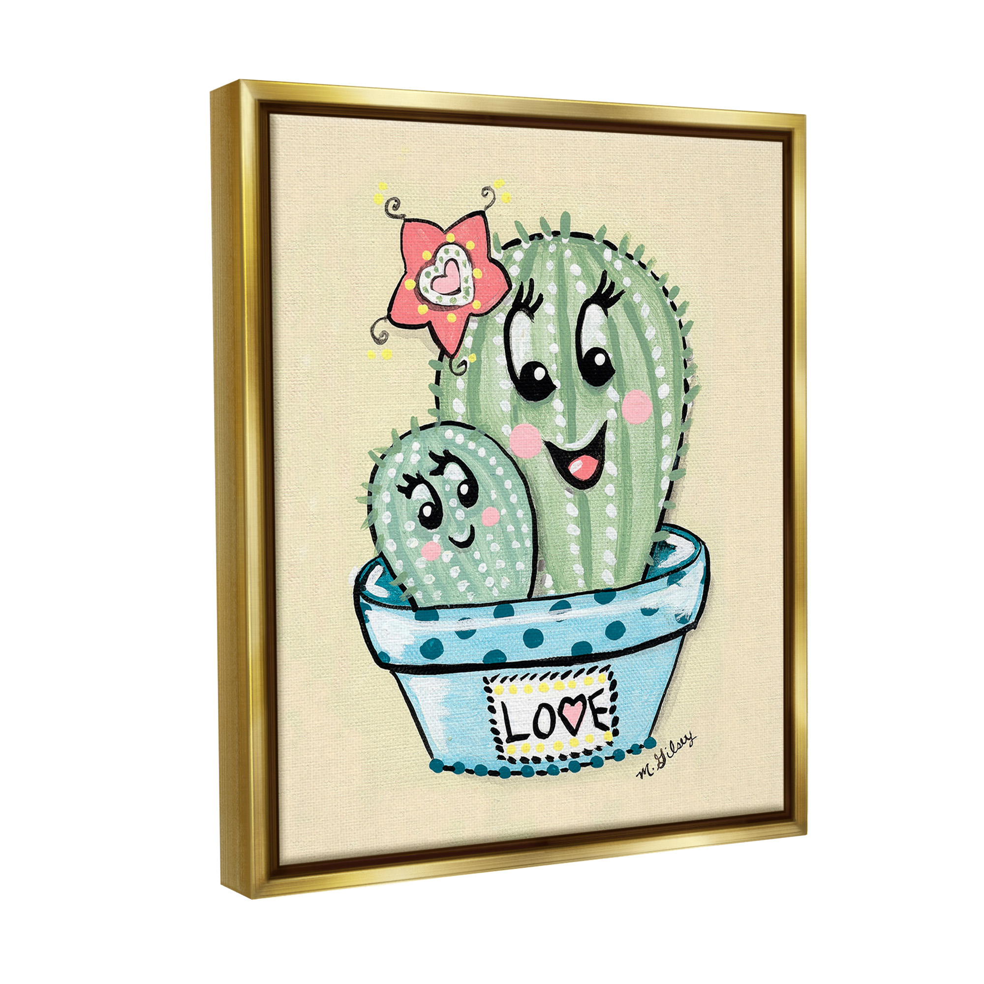Stupell Industries Happy Cactus Plants Botanical & Floral Painting Gold Floater Framed Canvas Art Print Wall Art, 25 x 31