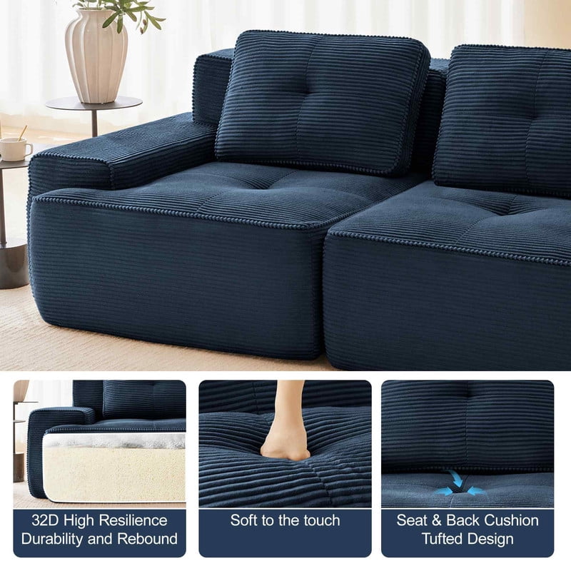 FFH 152" U-Shaped Sectionals for Living Room, 4 Seater Cloud Sofa with Ottoman, No Assembly, Blue