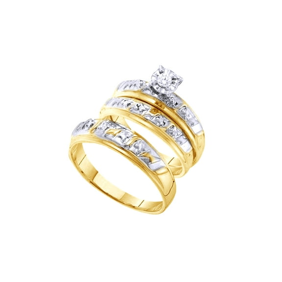 AFFY White Natural Diamond Accent Engagement & Wedding Trio Band Ring Set In 10k Yellow Gold (0.08 Cttw)