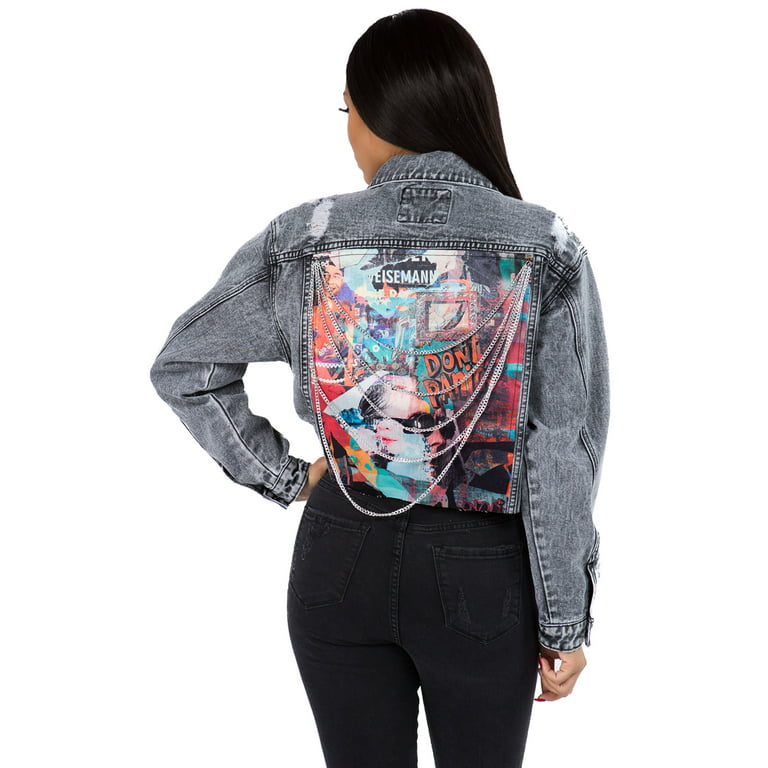Love Moda Women's Denim Jeans Graphic Chain Crop Washed Jacket - 2X, Black #Rjk30044, Size: 2XL