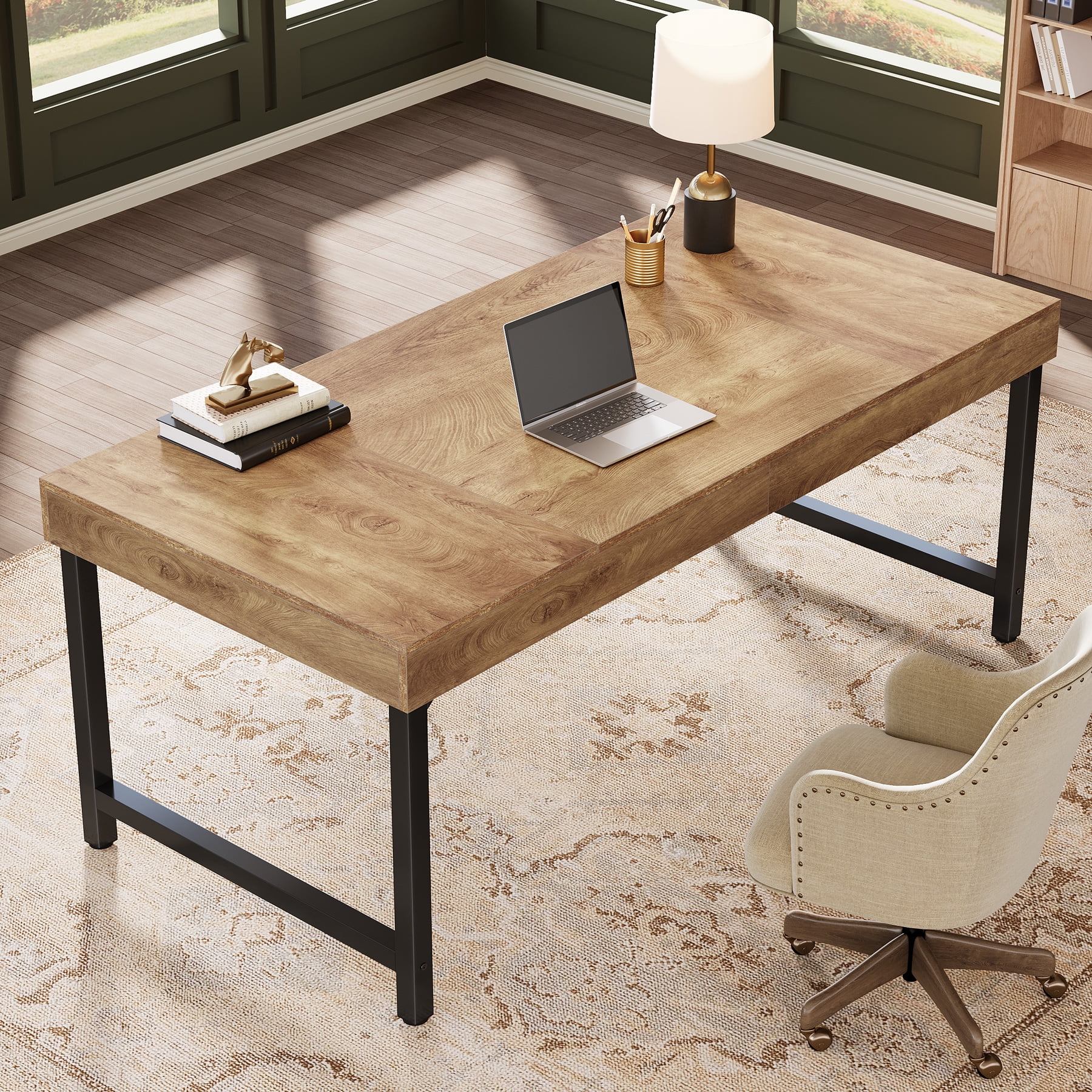 Finmind 55" Rustic Industrial Executive Office Desk, Simple, Strong Metal Framed Writing & Laptop Table, Multi-purpose Home & Business Workstation