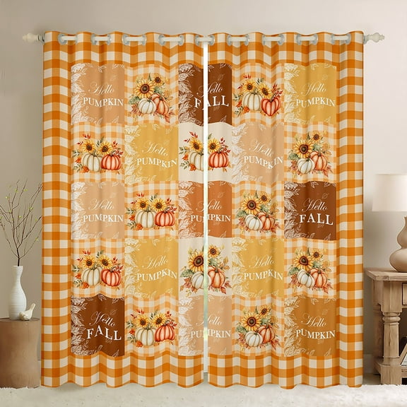 Manfei Vibrant Pumpkin Sunflower Black Out Curtains, Hello Fall Autumn Curtains Pack of 2 (42x63 Each), Orange Patchwork Plaid Bedroom Curtains, Curtains and Drapes Bedroom Decor