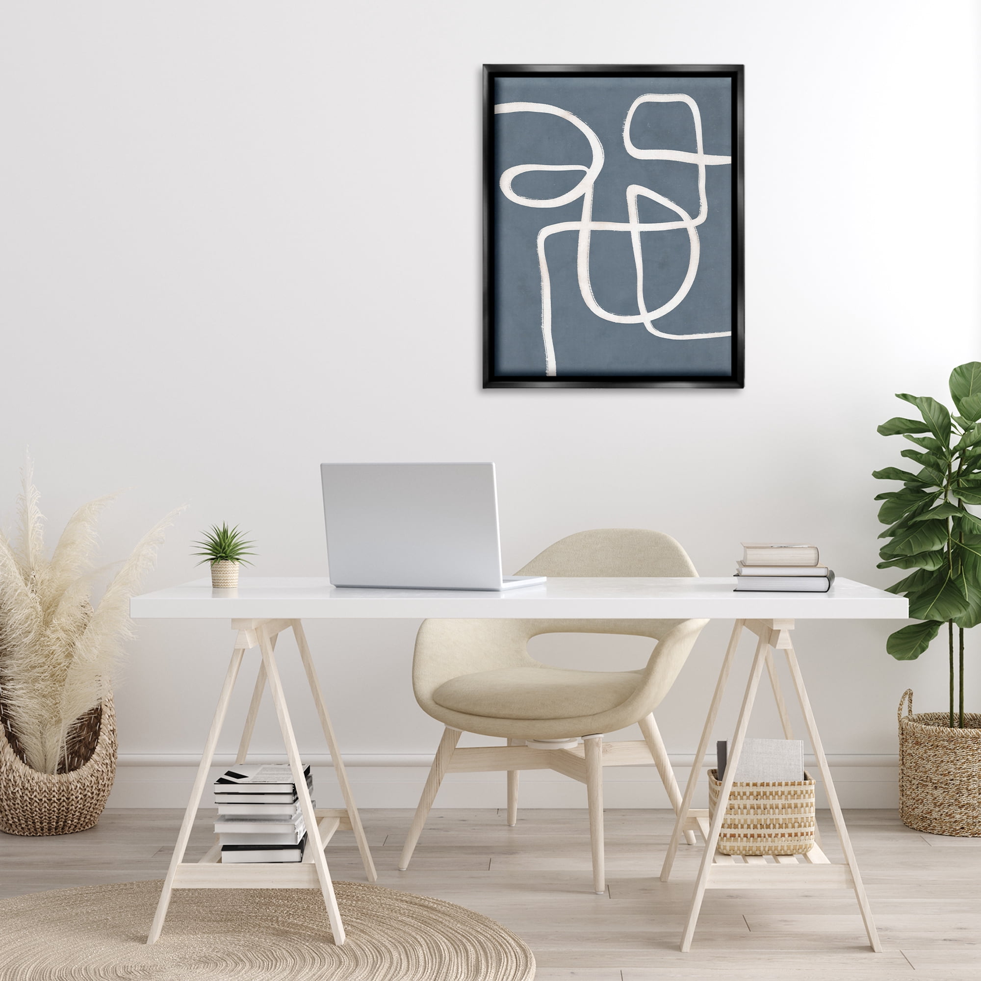 Stupell Industries Freeflow Line on Blue Abstract Painting Black Floater Framed Canvas Art Print Wall Art, 25 x 31