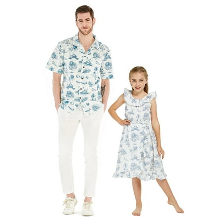 

Matching Father Daughter Hawaiian Dance Shirt Wrap Ruffle Dress Vintage Tropical Toile