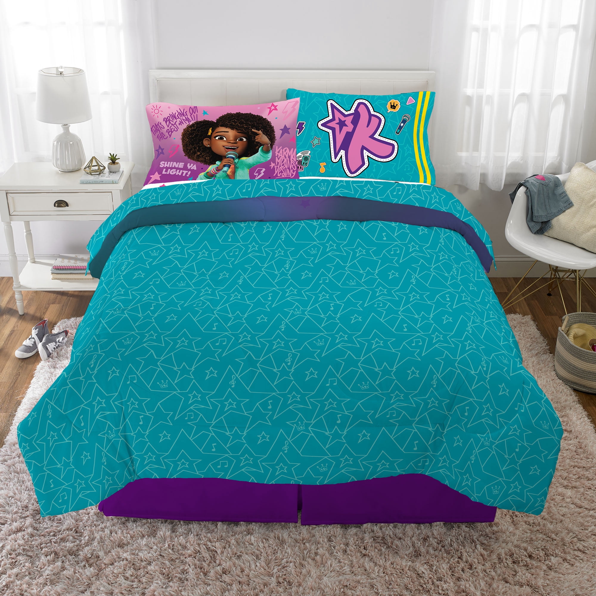 Karma's World Kids Full Bed in a Bag, Comforter and Sheets, Purple and Teal