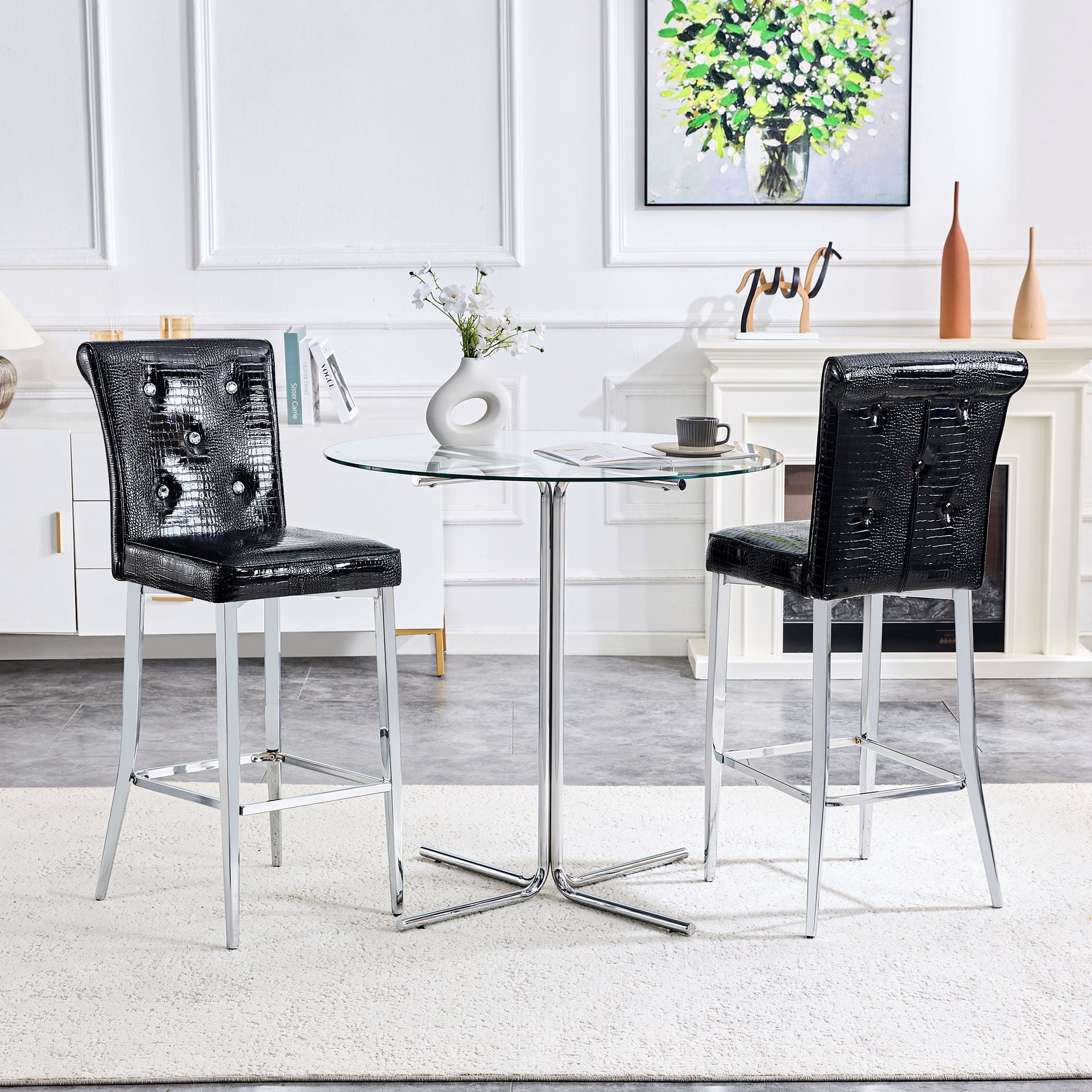 Alvantor Set of 2 Black Crocodile Faux Leather Bar Chairs with Crystal Accents
