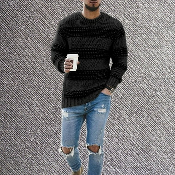 Suéter casual a rayas de moda para hombre, cuello redondo, top de punto, estilo versátil, fácil de limpiar, ajuste cómodo