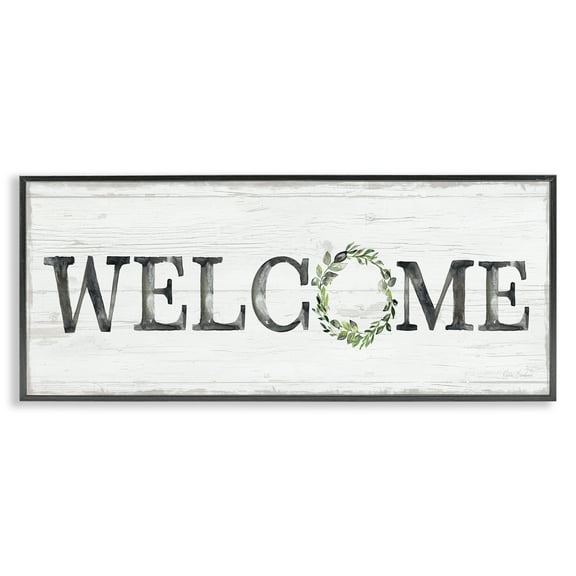 Stupell Industries Welcome with Floral Wreath Text & Numbers Painting Black Framed Art Print Wall Art, 24 x 10