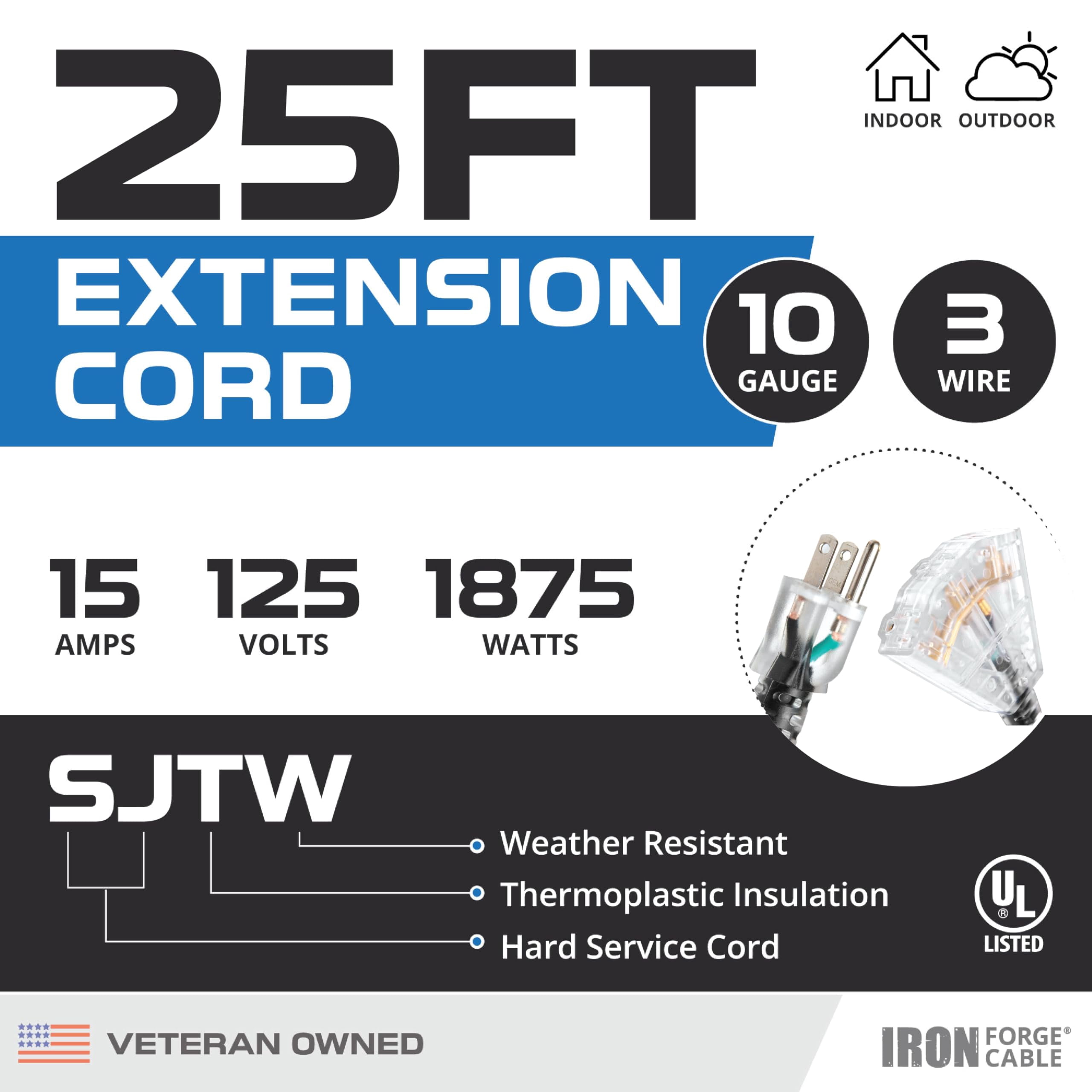 Iron Forge Cable 10 Gauge 25ft Lighted Outdoor Heavy Duty Extension Cord with 3 Outlets - 15 Amp 10/3 SJTW Black Extension Cord with Multiple Outlets