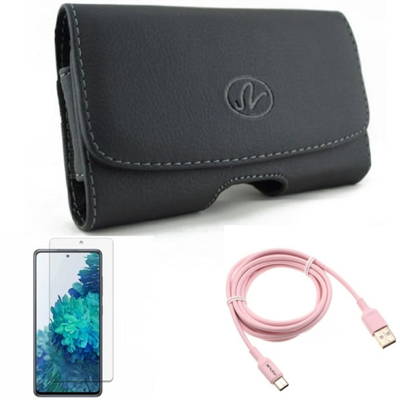 Case Belt Clip & Screen Protector & 6ft USB-C Cable for Samsung Galaxy S20 Fan Edition - Leather Swivel   Anti-Glare Tempered Glass   Pink Charger Cord Combo