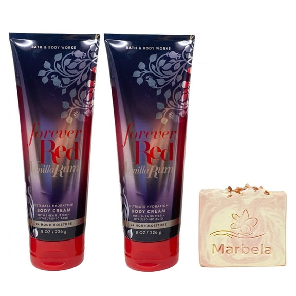 Bath & Body Works Forever Red Vanilla Rum 2 Pack Body Cream Bundle with a Himalayan Salts Springs Bar Soap - Full Size