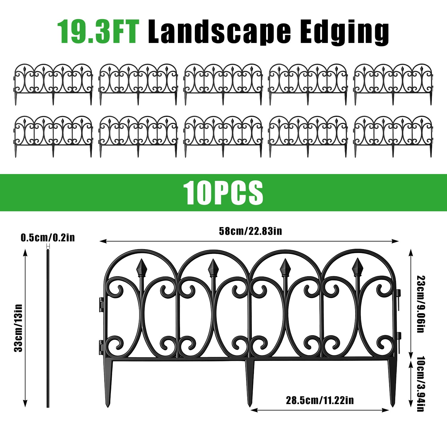 Moclever 10Pcs Garden Decorative Lawn Edging Border, 19.3ft No-Dig Plastic Garden Border Fence with Gloves, Black