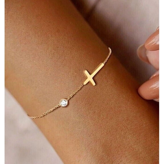 0.30Ct Round Cut Lab-Created Diamond Cross Women's Chain Bracelet 14K Yellow Gold Plated 7"