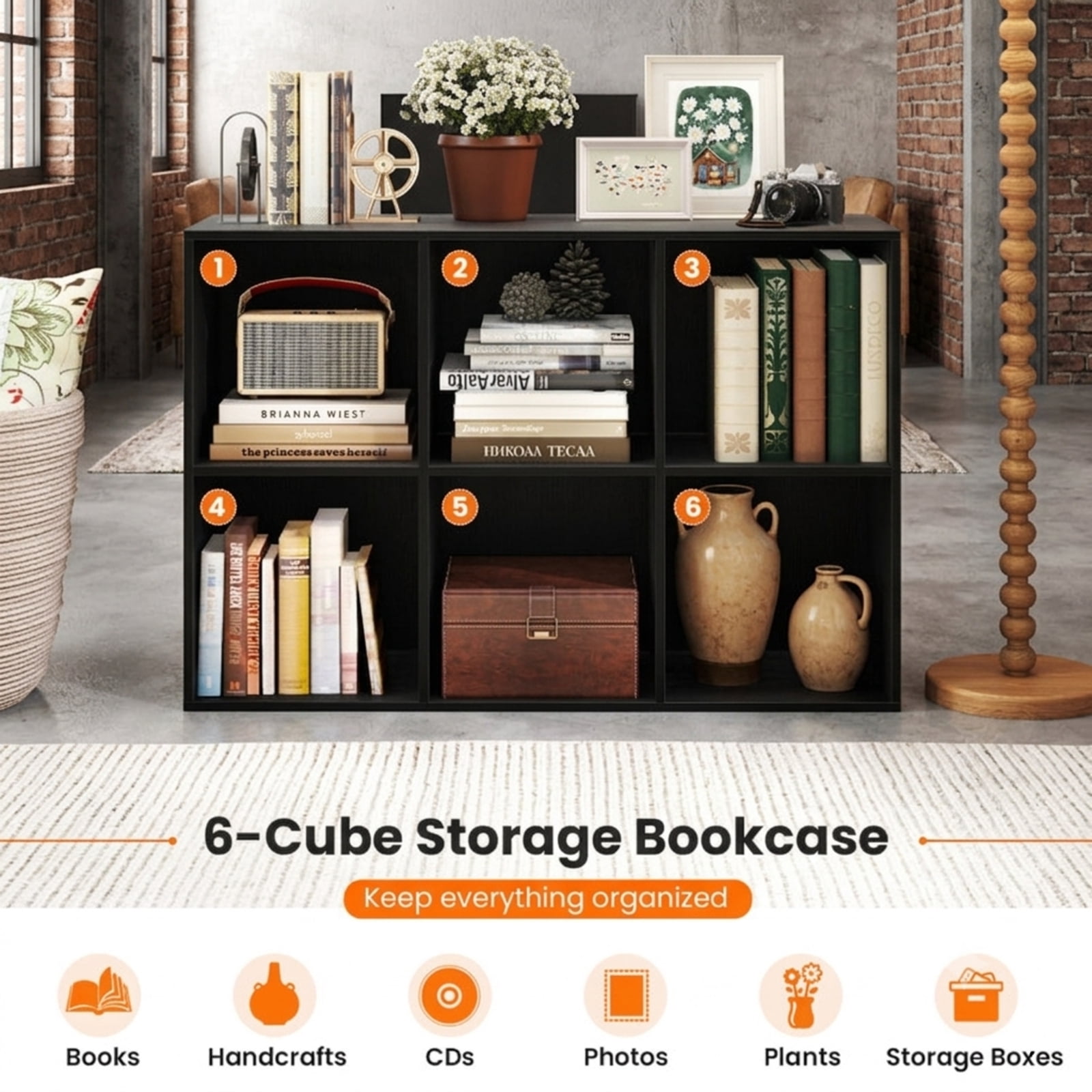 Furnibear Modern 6-Cube Bookcase Freestanding Storage Bookshelf with Anti-Tipping Kits and Non-Slip Pads for Living Room, Black
