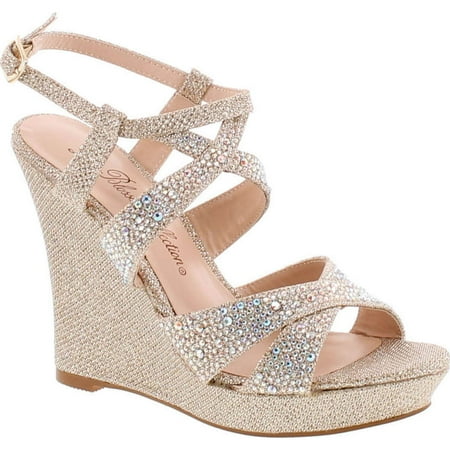 

De Blossom ALLE-8 High Heel Wedge Sandal with Crystal Embellishment Style BALLE8 Nude Metallic 5.5