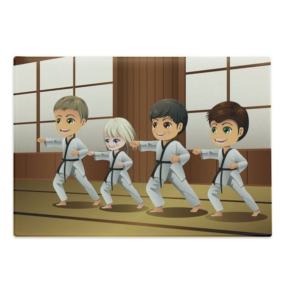 Karate Cutting Board, Children Practicing Self Defence Martial Arts in Dojo Funny Graphic, Decorative Tempered Glass Cutting and Serving Board, in 3 Sizes, by Ambesonne