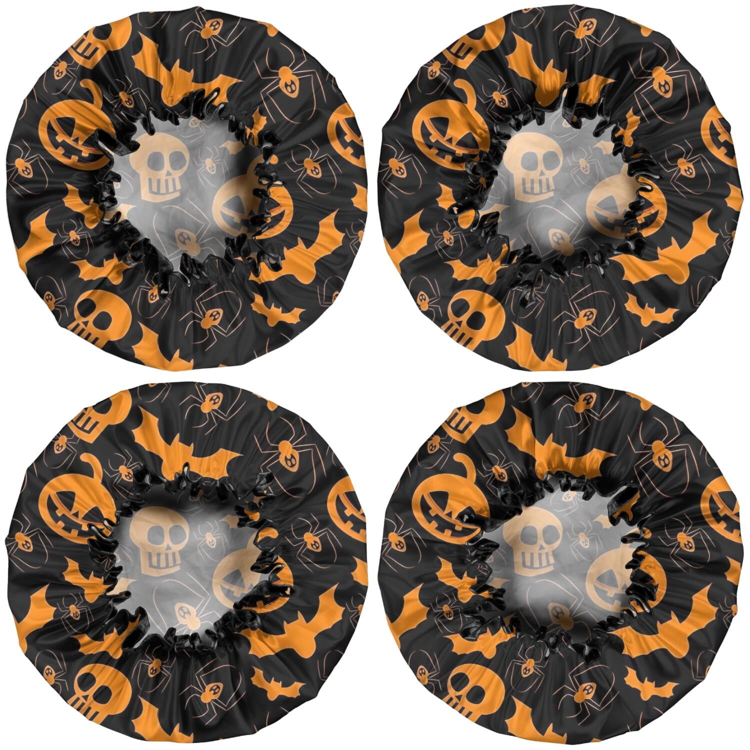 Shower Caps,Halloween Pumpkins Bats Spiders and Skulls Waterproof Shower Cap for Women 4 Pieces,Double Reusable Hair Cover for Shower PEVA Elastic Stretch Hem
