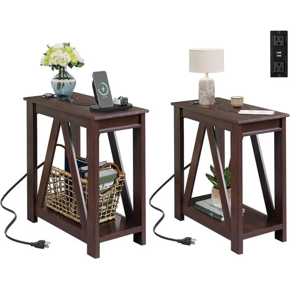 GALAXHERO Set of 2 Farmhouse End Tables with Charging Station, Slim Sofa Side Tables with Open Storage Shelf, Espresso Finish, Ideal for Living Room