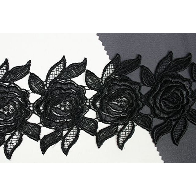 Altotux 3 Pouces 12 Couleurs Guipure Florale de Venise Brodée de Roses au Mètre (Noir)