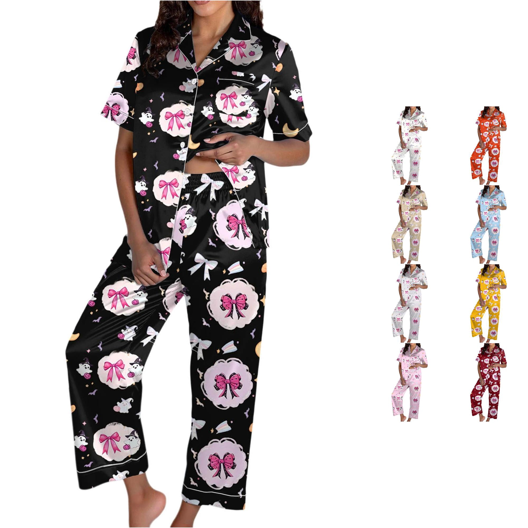 JAJAHO Womens Halloween Pajamas Set 2 Piece Ghost Pjs Bow Printed Short Sleeve Button Shirt With Pants Set